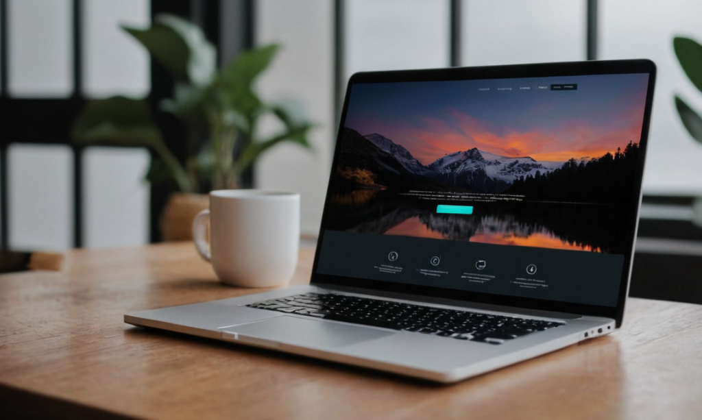 Bild: günstige neue Website auf modernem Laptop im Cafe